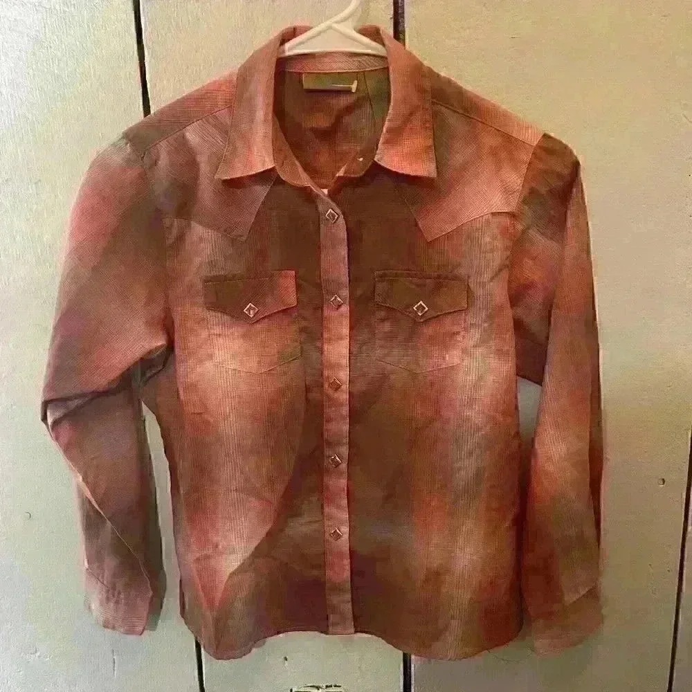 Wrangler Shirt Boys Kids Large Plaid Orange Pearl‎ Snap Long Sleeve Western
